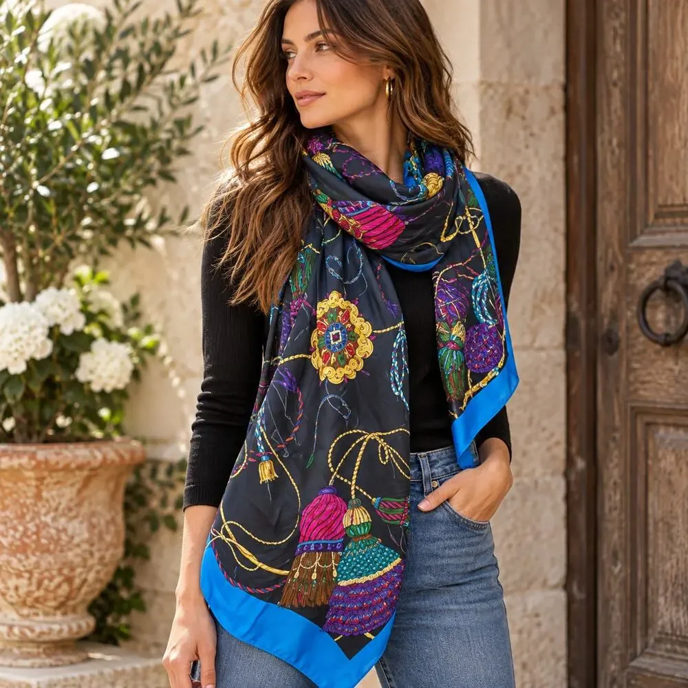 ECHO Scarf Blue Black Jewel Tone Print Vintage Style Career Equestrian